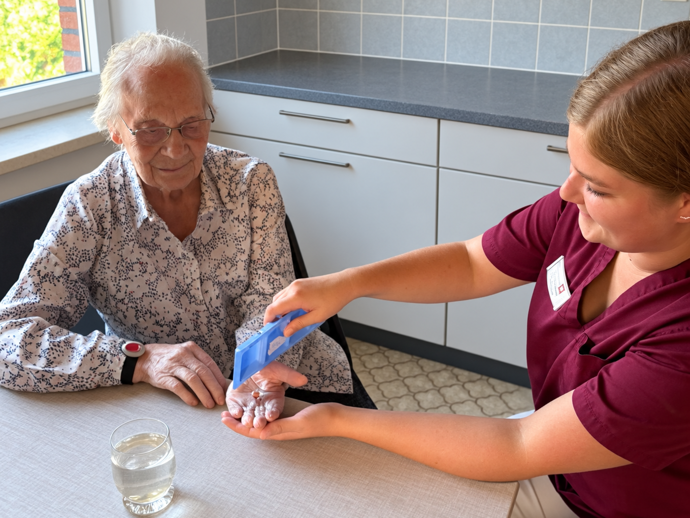 KI - Pflegekraft gibt Oma am Tisch Tabletten in die Hand