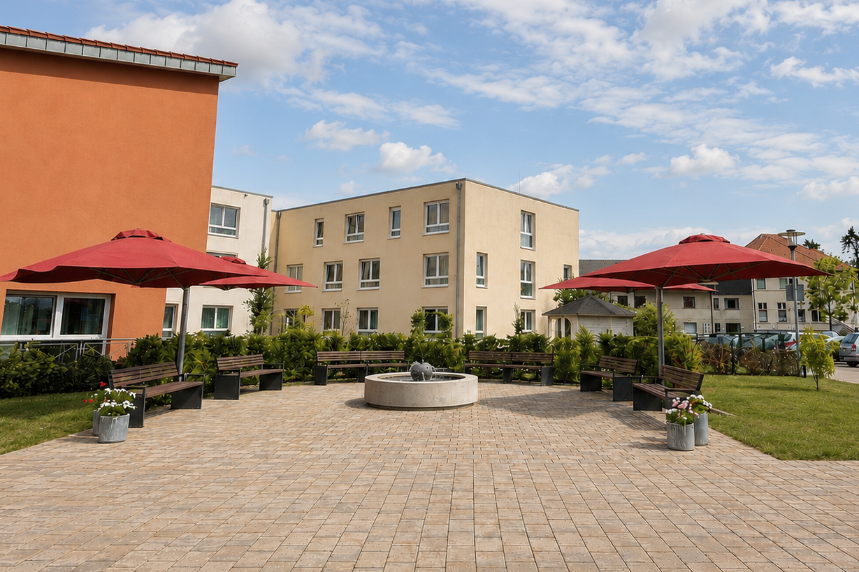 Sitzecke mit Bänken, Sonnenschirmen und einem Brunnen in der Mitte. Im Hintergrund ein Gebäude