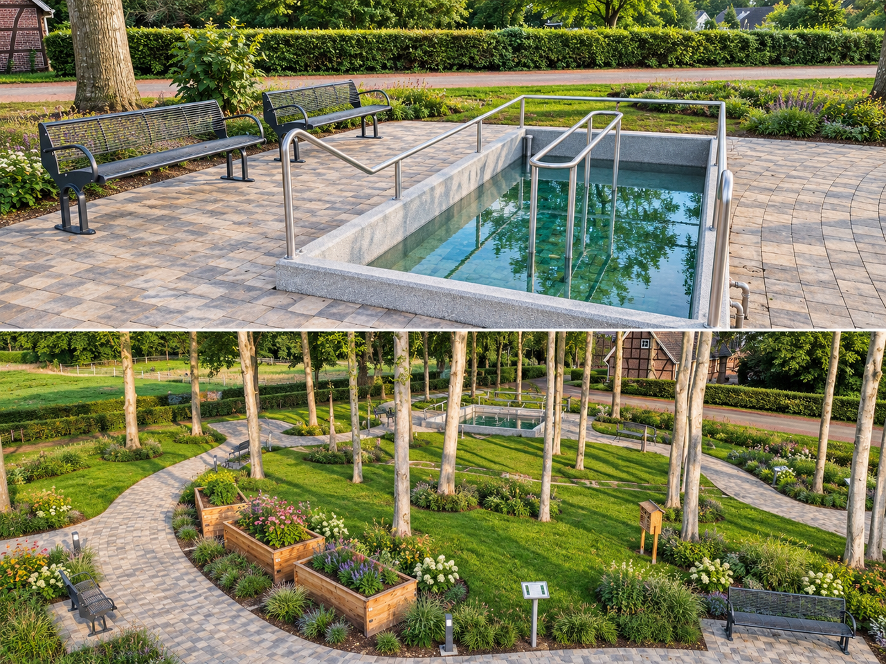 Chat GBT - KI generiert - Garten der Begegnung mit Bäumer, Wasserbecken und Blumenbeeten