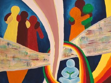 Gemaltes Bild mit bunten Farben und Figuren