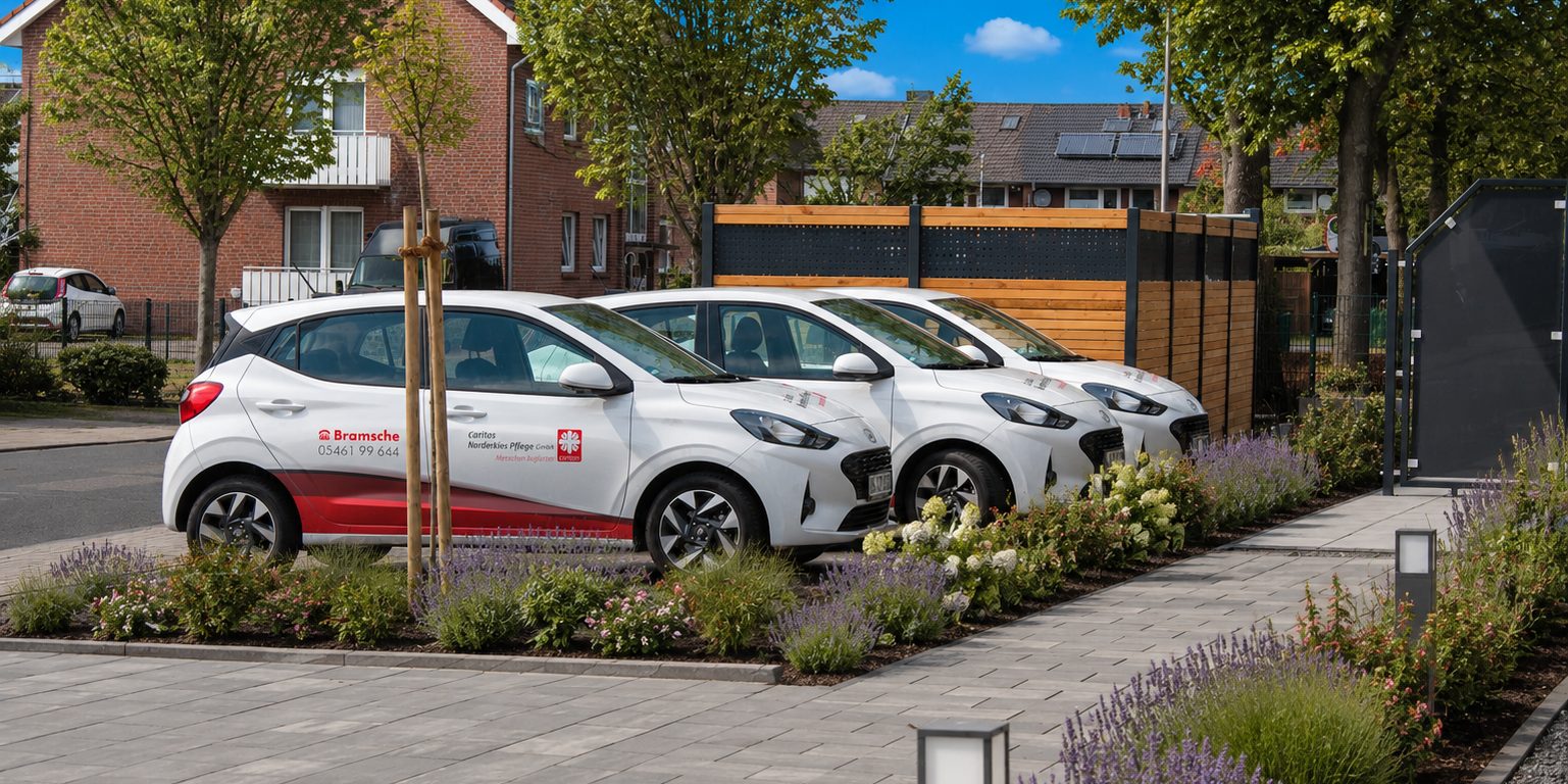 KI-Bild. Die Fahrzeuge der Caritas stehen auf einem neuen Parkplatz.