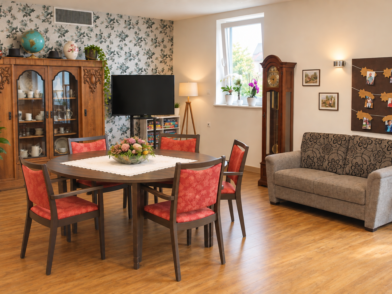 Wohnraum mit Tisch, Sofa und Fernseher 