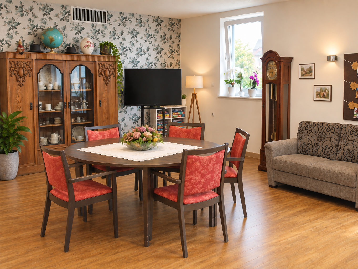 Wohnraum mit Tisch, Sofa und Fernseher 